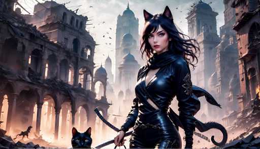 The image depicts a woman dressed in a black outfit with cat ears and holding a sword. A cat is also present in the scene. The background shows an urban setting with buildings and trees.