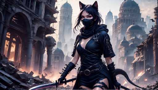 A woman dressed as a werewolf with a mask and sword stands in front of a cityscape filled with rubble and smoke.