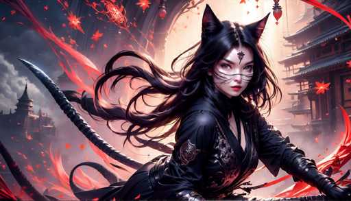 The image depicts a woman with long dark hair and cat ears wearing a black outfit adorned with gold accents. She is holding a sword in her right hand and has a mask on her face. The background features a red and orange flame-like pattern that appears to be coming from the top left corner, creating an intense atmosphere.