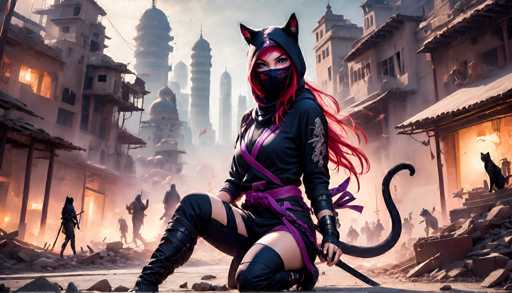 The image depicts a woman dressed as a cat with a black mask and purple robe, holding a sword and surrounded by rubble and debris from an urban setting.