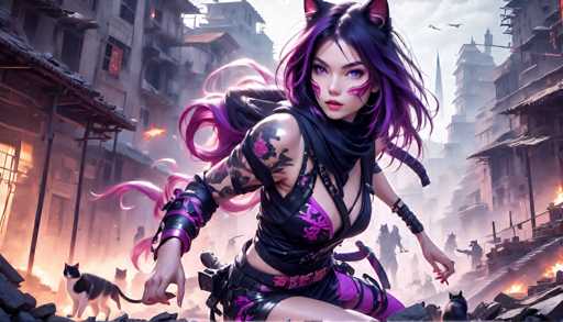 The image depicts a female character with long hair and tattoos, dressed in a black outfit that includes a purple scarf around her neck. The character is standing on a rock formation, surrounded by rubble and debris from an explosion. In the background, there are two cats - one white and one gray.