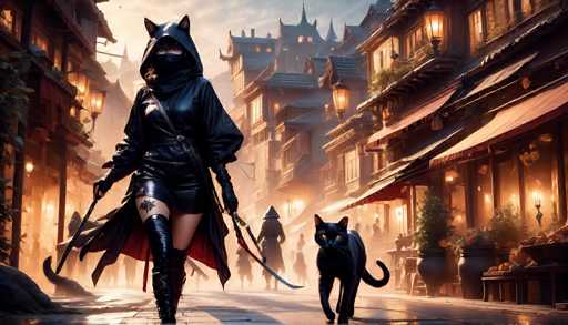 The image depicts a woman dressed as a werewolf walking down a street with her cat following closely behind her. The setting is an old town with traditional buildings and lanterns hanging from the roofs.