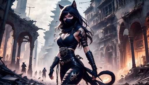 The image depicts a woman dressed as a cat with long hair and a mask, walking through a cityscape filled with rubble and debris. The background features buildings that appear to be in ruins or under attack by an unseen force.