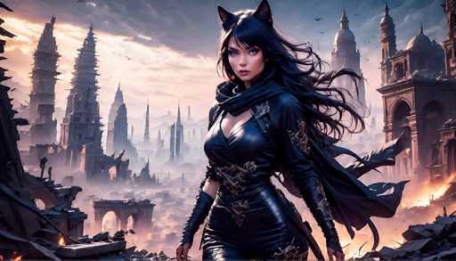 The image depicts a woman with long dark hair and a black outfit standing in front of a cityscape filled with tall buildings under a cloudy sky. The woman is holding a sword in her right hand and wearing a mask on her face.