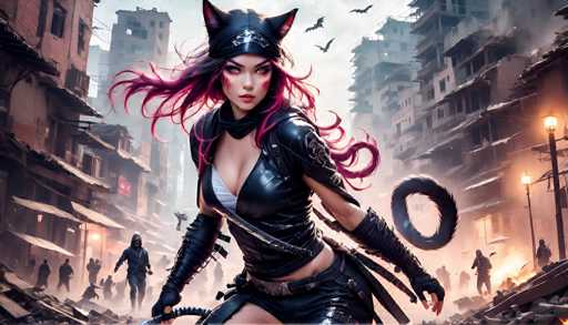 The image depicts a woman dressed as a cat with pink hair and a black outfit, holding a sword and surrounded by other characters from the video game "Catcher's Creed". The setting is an urban environment filled with rubble and debris.