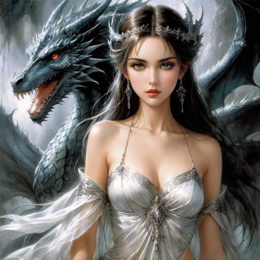 A woman with long brown hair and a white dress is standing next to a large dragon with blue scales and red eyes. The dragon's mouth is open wide as it appears ready to attack the woman.