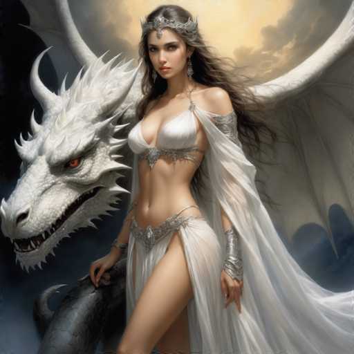 The image depicts a woman with long brown hair and an ornate white dress standing next to a large white dragon with red eyes and sharp teeth. The woman is wearing a tiara on her head and holding the dragon's tail in one hand while the other hand holds its head, creating a sense of balance between the two subjects.
The background features a dark blue sky filled with clouds, providing a stark contrast to the white elements in the foreground.