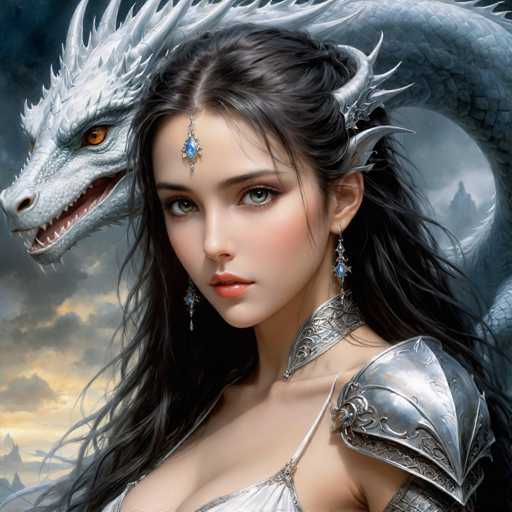 A woman with long dark hair and a white dress is standing against a backdrop of a dragon's head and wings. The dragon has sharp teeth and claws, adding an element of danger to the scene. The image is rendered in black and white, giving it a classic and timeless feel.