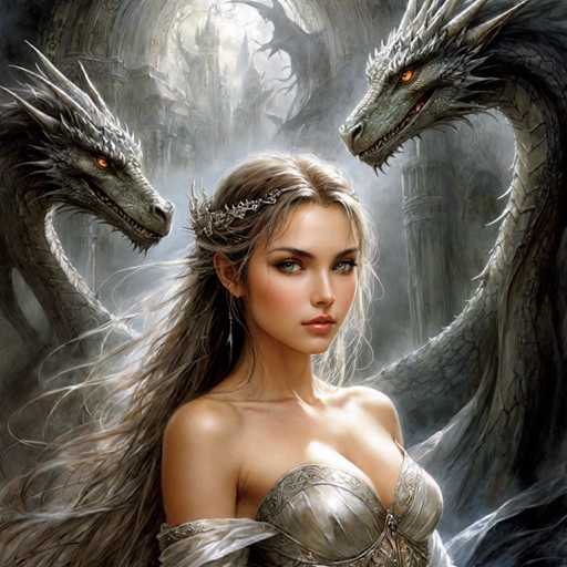 The image depicts a woman with long blonde hair and blue eyes standing in front of two large, gray dragons. The woman is wearing a white dress that contrasts with the dark background, which includes a castle-like structure and trees.