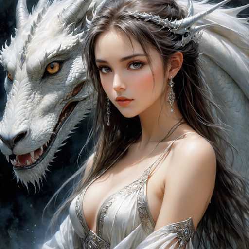 The image depicts a woman with long brown hair wearing a white dress and tiara, standing next to a large white dragon with red eyes and sharp teeth. The background is dark and blurred, drawing attention to the woman and the dragon as the main subjects of the image.