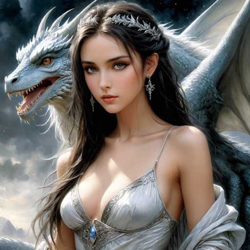 The image depicts a woman with long brown hair wearing a white dress and tiara standing next to a large blue dragon with wings spread wide. The background is dark and cloudy, creating an atmospheric setting for the scene.