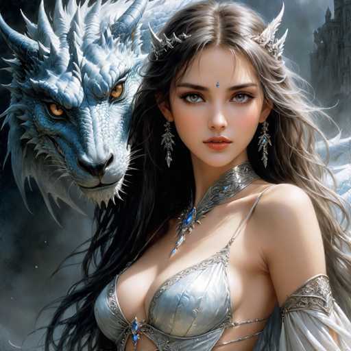 The image depicts a woman with long hair wearing a silver dress and tiara, standing next to a blue dragon with sharp teeth and claws. The background is dark and features a castle-like structure in the distance.