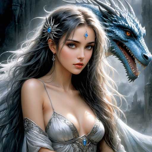 The image depicts a woman with long blonde hair wearing a silver dress and earrings, standing next to a blue dragon with sharp teeth and claws. The background is dark and filled with smoke, creating an atmospheric setting for the scene.