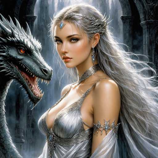 The image depicts a woman with long blonde hair and blue eyes standing next to a large, dark green dragon with red eyes. The woman is wearing a silver dress adorned with intricate designs, while the dragon has sharp teeth and a menacing expression.