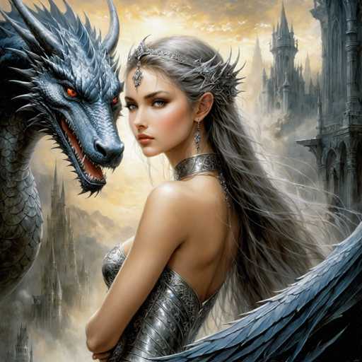 The image depicts a woman with long blonde hair wearing a silver tiara and a blue dress standing next to a large, dark-colored dragon with red eyes. The background features a castle and other buildings, suggesting the scene is set in an imaginative or fantastical world.