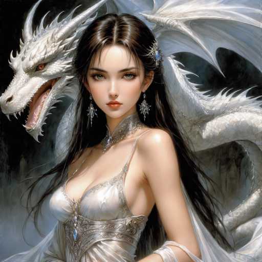 The image depicts a woman with long dark hair wearing a white dress and earrings standing next to a large white dragon with red eyes and sharp teeth. The background is black, providing a stark contrast that makes the woman and the dragon stand out prominently.