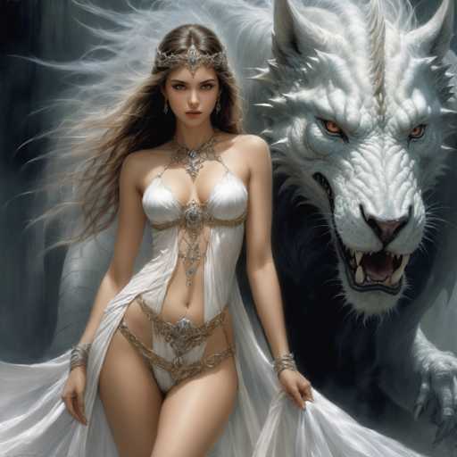 The image depicts a woman and a large white wolf standing together against a dark background. The woman is wearing a white dress with gold accents and a crown on her head, while the wolf has its mouth open in a roar.