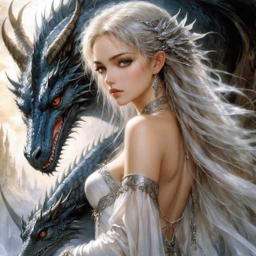 The image depicts a woman with long blonde hair and a white dress standing next to two large dragons. The woman is positioned on the left side of the frame, while the two dragons flank her from both sides. One dragon has red eyes, and the other has black eyes. The background features a castle-like structure with multiple towers and turrets, suggesting an ancient or mythical setting.