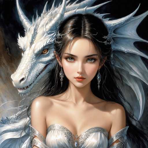 The image depicts a woman with long dark hair wearing a white dress and earrings standing next to a large white dragon with sharp teeth and claws. The background is black, which contrasts with the white elements in the foreground.