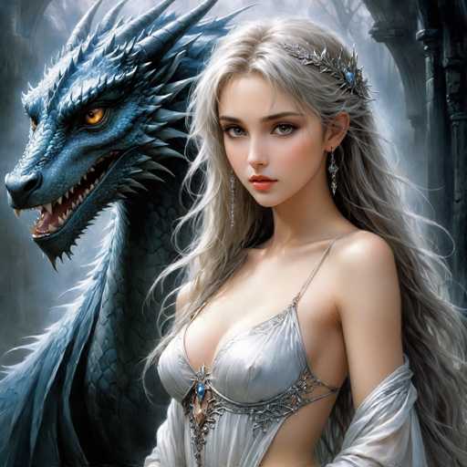 The image depicts a woman with blonde hair and blue eyes standing next to a large blue dragon with sharp teeth and claws. The woman is wearing a white dress adorned with gold accents, while the dragon has a blue body and yellow eyes.