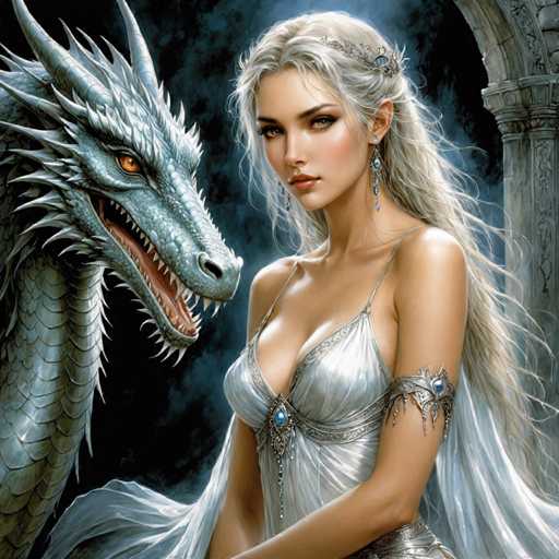 A woman with blonde hair and a white dress stands next to a blue dragon with sharp teeth and a long tail.