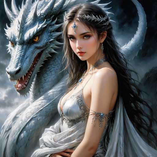 A woman with long dark hair is standing next to a large white dragon with sharp teeth and claws. The dragon has a blue eye and red tongue, and the background is dark and cloudy.