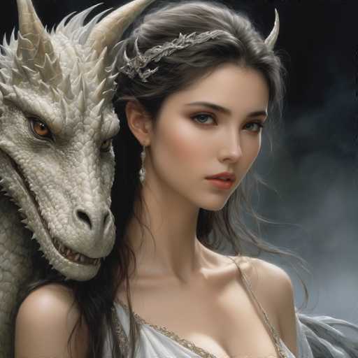 The image depicts a woman with long brown hair wearing a white dress and a tiara on her head, standing next to a large white dragon with sharp teeth and claws. The background is dark and blurred, creating an atmospheric setting for the scene.