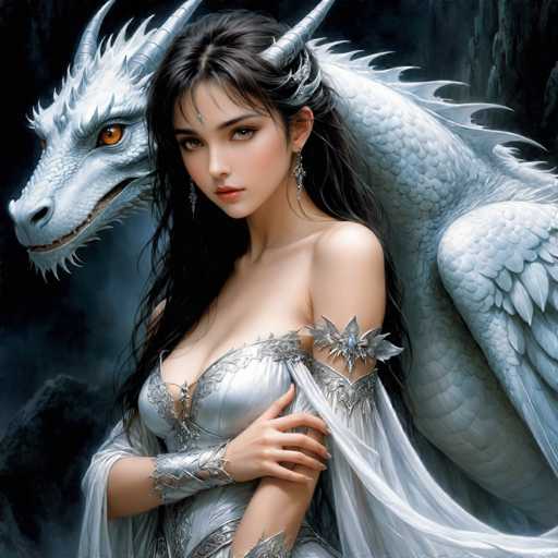 A woman with long dark hair and a white dress is standing next to a large white dragon with sharp teeth and claws.