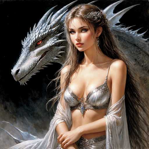 A woman with long brown hair and a white dress is standing next to a large silver dragon with red eyes and sharp teeth. The dragon's wings are spread wide as it looks directly at the viewer.