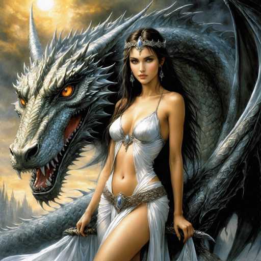 The image depicts a woman standing next to a large dragon with its mouth open and tongue sticking out. The woman is wearing a white dress and has her hair styled in an elegant updo. The background features a sky filled with clouds and mountains.