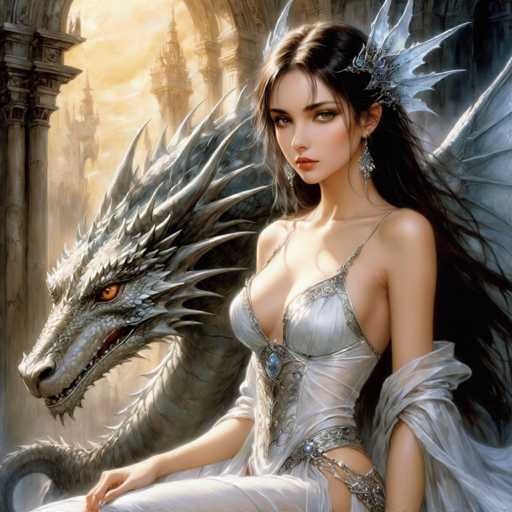 The image depicts a woman with long brown hair wearing a white dress and tiara, standing next to a large gray dragon with sharp teeth and claws. The background features an archway leading to a castle-like structure, suggesting the scene is set in a fantasy or magical world.