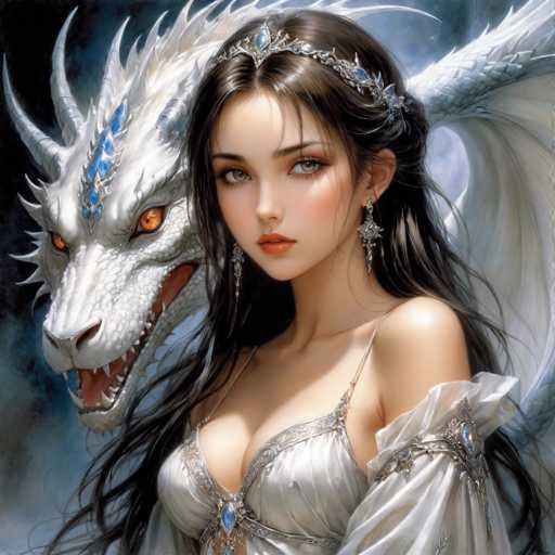 The image depicts a woman with long brown hair wearing a white dress and a tiara on her head, standing next to a large white dragon with red eyes and sharp teeth. The background is dark blue, providing a stark contrast that makes the woman and the dragon stand out prominently.