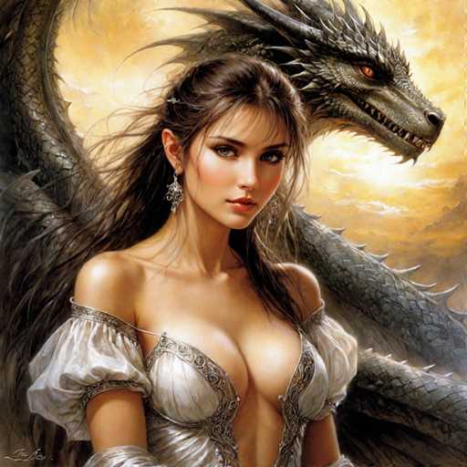 The image depicts a woman with long brown hair and dark eyes standing next to a large, black dragon with sharp teeth and claws. The woman is wearing a white dress adorned with gold accents, while the dragon has a greenish hue and features a red eye on its face.