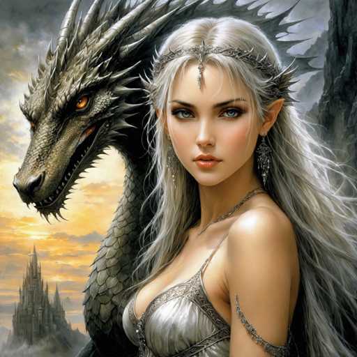 The image depicts a woman with long blonde hair and a tiara on her head standing next to a large, gray dragon with sharp teeth and claws. The background features a castle-like structure in the distance under an orange sky.