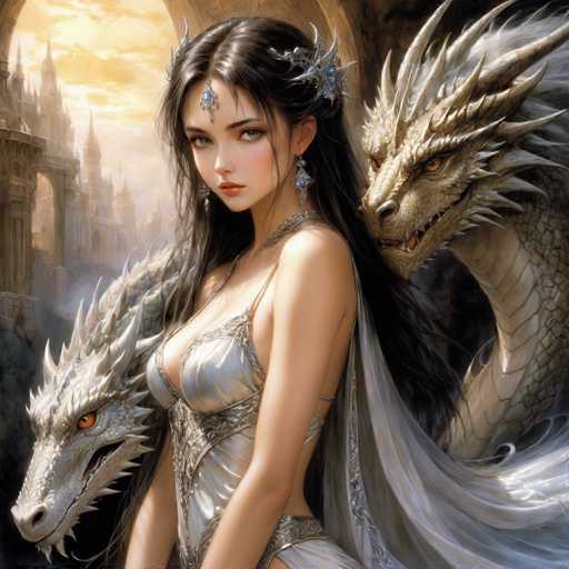 The image depicts a woman with long dark hair wearing a white dress and tiara, standing next to two large white dragons. The background features an archway leading into a castle-like structure, suggesting the scene is set in a fantasy or magical world.