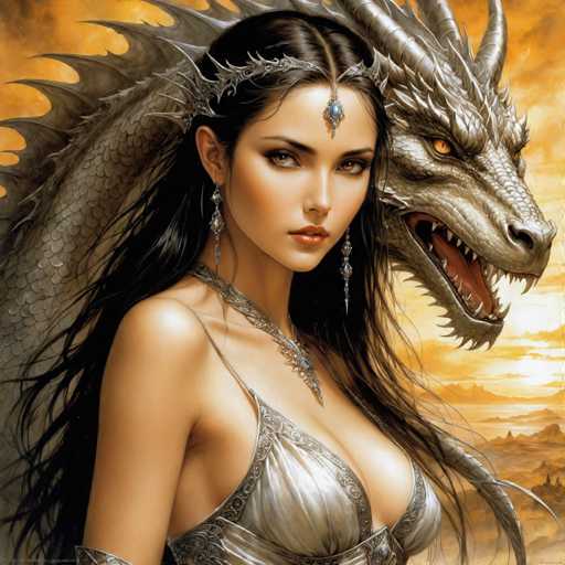 The image depicts a woman with long dark hair wearing a silver dress and a tiara on her head, standing next to a large, fierce-looking dragon. The background is a blend of orange and yellow colors, creating an intense atmosphere.