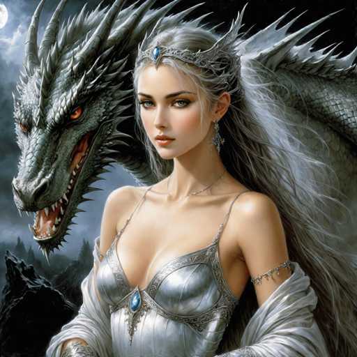 A woman with long blonde hair and a silver dress stands next to a large dragon with sharp teeth and red eyes. The dragon is positioned behind the woman, its mouth open as if ready to roar.