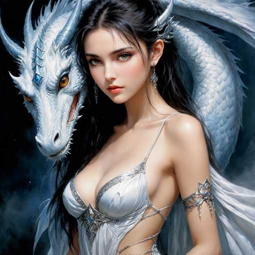 A woman with long dark hair is standing against a black background and wearing a white dress adorned with silver accents. A large white dragon is perched on her shoulder, its wings spread wide as it gazes directly at the camera.