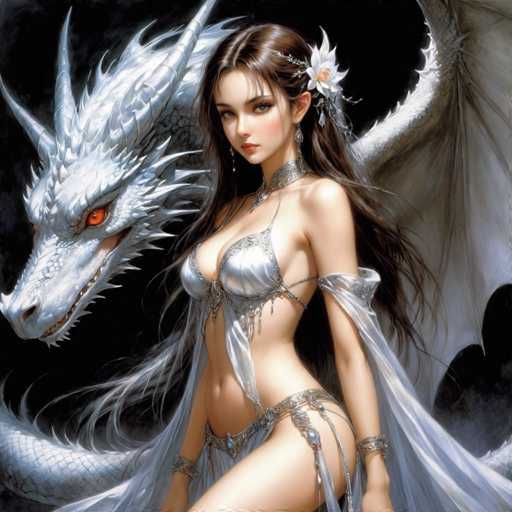 The image depicts a woman with long brown hair and a white dress standing next to a large white dragon with red eyes and sharp teeth. The dragon is positioned on the left side of the frame, while the woman stands in front of it on the right side.