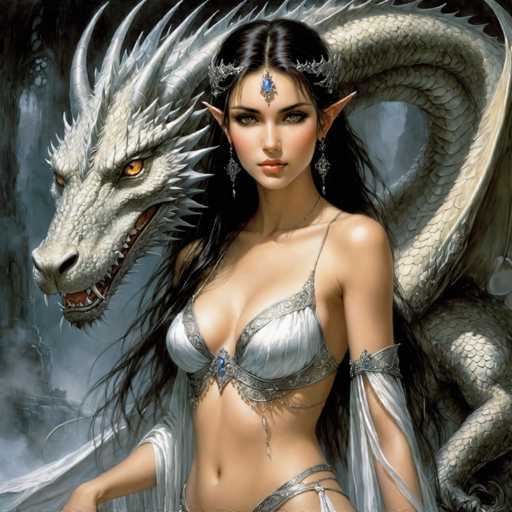 The image depicts a woman with long dark hair and a white dress standing next to a large white dragon with sharp teeth and claws. The woman is wearing a tiara on her head and has a necklace around her neck.