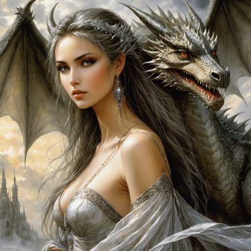 The image depicts a woman with long hair and a tiara standing next to a large, gray dragon with sharp teeth and wings spread wide. The background features a castle-like structure with multiple towers and turrets.