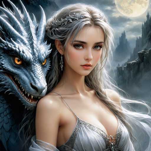 The image depicts a woman with long blonde hair wearing a white dress and tiara standing next to a large blue dragon with sharp teeth and claws. The background features a dark sky filled with clouds and mountains in the distance.