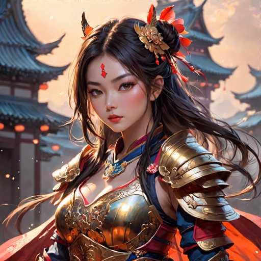 The image depicts a woman with long dark hair wearing a gold and red armor suit adorned with a large flower on her head. She is standing against the backdrop of traditional Chinese architecture, which includes blue-roofed pagodas in the background. The colors used are predominantly gold and red, creating a striking contrast against the blue sky.