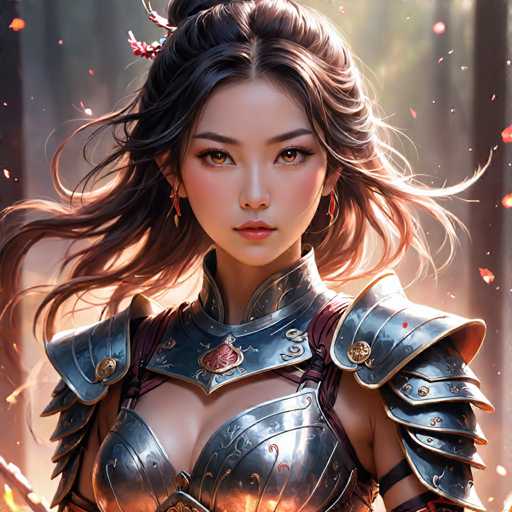 The image shows a close-up portrait of a woman with long dark hair and striking blue eyes. She is wearing a full metal armor suit that includes a helmet and breastplate, giving her an imposing appearance. The background features trees and leaves, suggesting the scene may be set in a forest or wooded area.