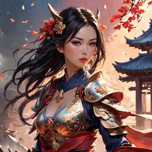 The image depicts a woman with long dark hair wearing a traditional Chinese armor outfit and red flowers adorning her ears. She is standing in front of a blue temple with a red roof, suggesting an Asian cultural setting. The background features a sky filled with clouds, adding depth to the scene.