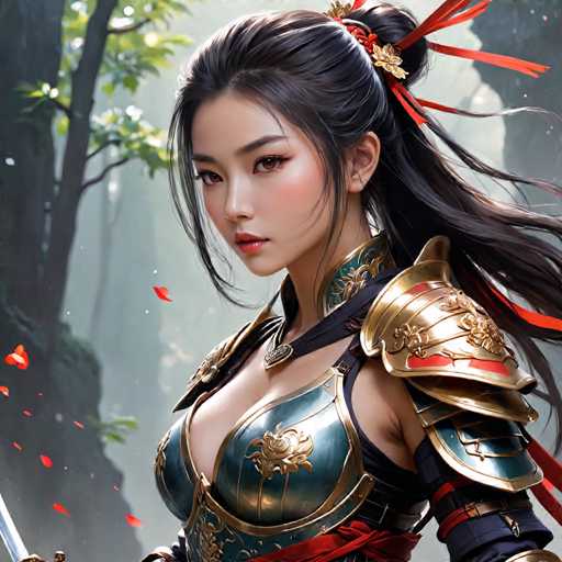 The image depicts a woman with long dark hair wearing a green and gold armor suit, holding a sword and surrounded by trees and foliage.