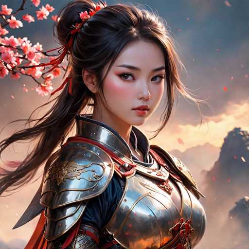 The image depicts a woman wearing a medieval-style armor suit with a red headband and a gold and blue design on the chest plate. The background features a sky filled with clouds and pink flowers, creating an atmospheric setting for the scene.