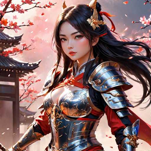 The image depicts a woman with long dark hair wearing a red and gold armor suit and a gold headdress. She is holding a sword in her right hand and has a serious expression on her face. The background features a pink sky and cherry blossom trees, suggesting the scene takes place during the springtime.