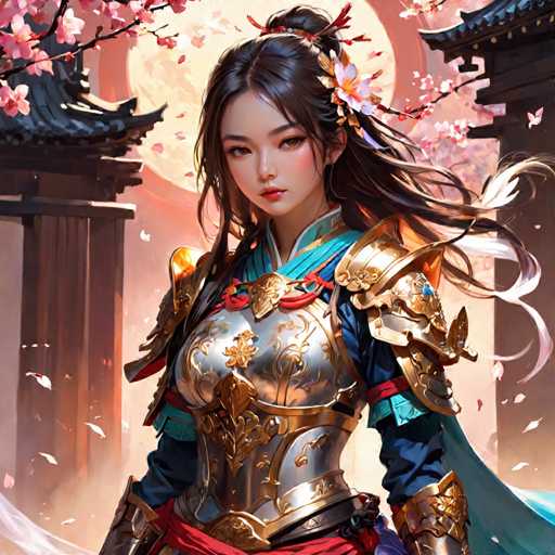 The image depicts a woman with long dark hair wearing a gold and blue armor suit adorned with red accents. She is standing in front of a temple surrounded by cherry blossom trees, suggesting the scene may be set during the cherry blossom season. The background features a large circular window that appears to be illuminated from within, adding depth and dimension to the image.