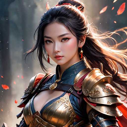 The image depicts a woman with long dark hair wearing a gold and red armor suit, holding a sword in her right hand. She is positioned against a blurred background of trees and foliage, suggesting an outdoor setting or forested area. The overall style of the image appears to be artistic or cartoon-like, with a focus on the intricate details of the woman's attire and the sword she holds.

The woman has dark hair styled in loose waves, adding a sense of movement and dynamism to her appearance. She is wearing earrings that complement her outfit, enhancing the overall aesthetic of the image. The background features trees and foliage, providing a natural backdrop for the woman and her armor suit.